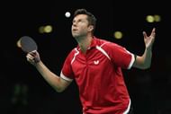 RIO DE JANEIRO, BRAZIL - AUGUST 11: Vladimir Samsonov of Belarus serves during the Mens Table Tennis Bronze Medal match between Jun Mizutani and Vladimir Samsonov of Belarus at Rio Centro on August 11, 2016 in Rio de Janeiro, Brazil.  (Photo by Lars Baron/Getty Images)